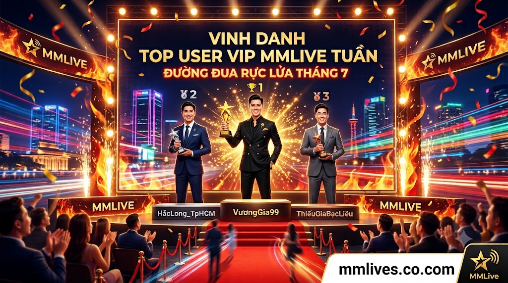 Bảng xếp hạng vinh danh Top User VIP MMLive tuần, gồm Top 3 đại gia dẫn đầu đường đua cống hiến tháng 7 trên sân khấu trao giải hoành tráng của nền tảng giacomoalonzi.io.