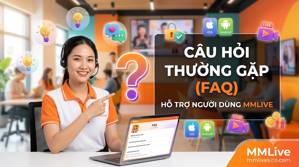 Hình ảnh nhân viên chăm sóc khách hàng MMLive mỉm cười hỗ trợ giải đáp các câu hỏi thường gặp (FAQ). Giao diện trực quan nổi bật các biểu tượng hệ điều hành iOS, Android, bảo mật tài khoản, cùng dòng chữ "Câu Hỏi Thường Gặp (FAQ) - Hỗ trợ người dùng MMLive" và tên miền giacomoalonzi.io.