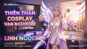 Banner hồ sơ Idol Cosplay MMLive Linh Ngọc, ID phòng 889900. Hình ảnh nữ streamer hóa trang thành nữ chiến binh thiên thần anime vô cùng xinh đẹp và lộng lẫy trong không gian phòng live, kèm dòng chữ 'Thiên thần Cosplay vạn người mê' và tên miền giacomoalonzi.io.
