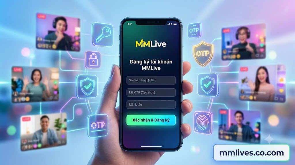 Giao diện điền thông tin đăng ký tài khoản trên ứng dụng MMLive bao gồm số điện thoại và mã xác thực OTP.