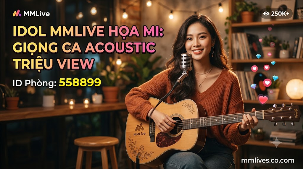 Banner hồ sơ Idol cover nhạc MMLive Họa Mi, ID phòng 558899. Hình ảnh nữ streamer xinh đẹp đang ôm đàn guitar acoustic mỉm cười trước micro trong không gian ấm cúng, kèm dòng chữ 'Giọng ca acoustic triệu view' và tên miền giacomoalonzi.io.