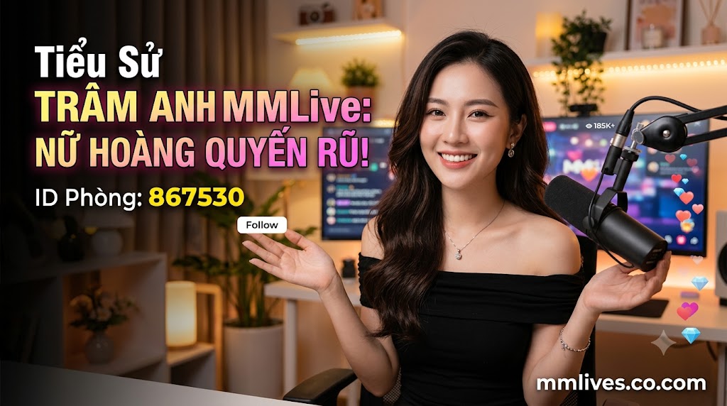 Banner hồ sơ idol Trâm Anh MMLive, giới thiệu 'Nữ hoàng quyến rũ!' với ID phòng 867530. Hình ảnh một nữ streamer trẻ mỉm cười trước thiết bị livestream, với các biểu tượng trái tim và kim cương bay lên. Bao gồm domain giacomoalonzi.io.
