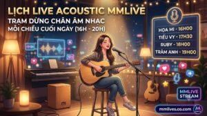 Lịch live Acoustic MMLive mang đến không gian âm nhạc thư giãn mỗi chiều cuối ngày với hình ảnh nữ idol đang đánh đàn guitar mộc mạc.