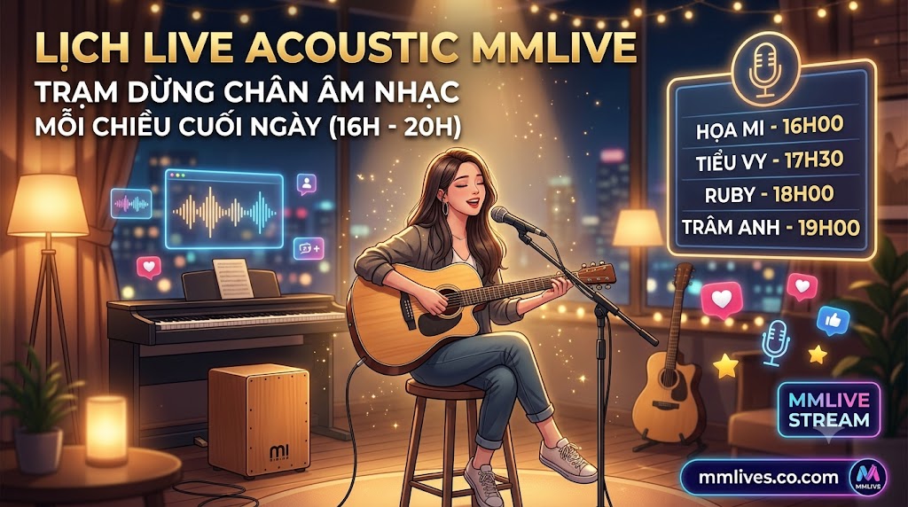 Lịch live Acoustic MMLive mang đến không gian âm nhạc thư giãn mỗi chiều cuối ngày với hình ảnh nữ idol đang đánh đàn guitar mộc mạc.