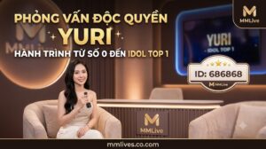 Ảnh bìa phỏng vấn độc quyền với Yuri trên MMLive, có tiêu đề 'PHỎNG VẤN ĐỘC QUYỀN YURI' và phụ đề 'HÀNH TRÌNH TỪ SỐ 0 ĐẾN IDOL TOP 1'. Yuri mỉm cười cầm micrô trong studio. Khung hiển thị ID: 686868