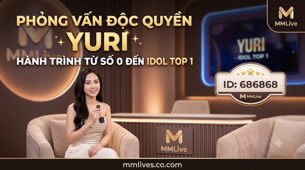 Ảnh bìa phỏng vấn độc quyền với Yuri trên MMLive, có tiêu đề 'PHỎNG VẤN ĐỘC QUYỀN YURI' và phụ đề 'HÀNH TRÌNH TỪ SỐ 0 ĐẾN IDOL TOP 1'. Yuri mỉm cười cầm micrô trong studio. Khung hiển thị ID: 686868