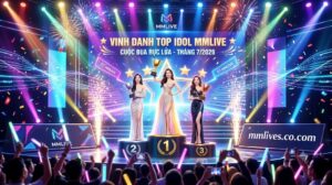 Vinh danh Top 3 Idol MMLive của cuộc đua Rực Lửa tháng 7/2026 trên sân khấu tràn ngập ánh sáng và pháo hoa.
