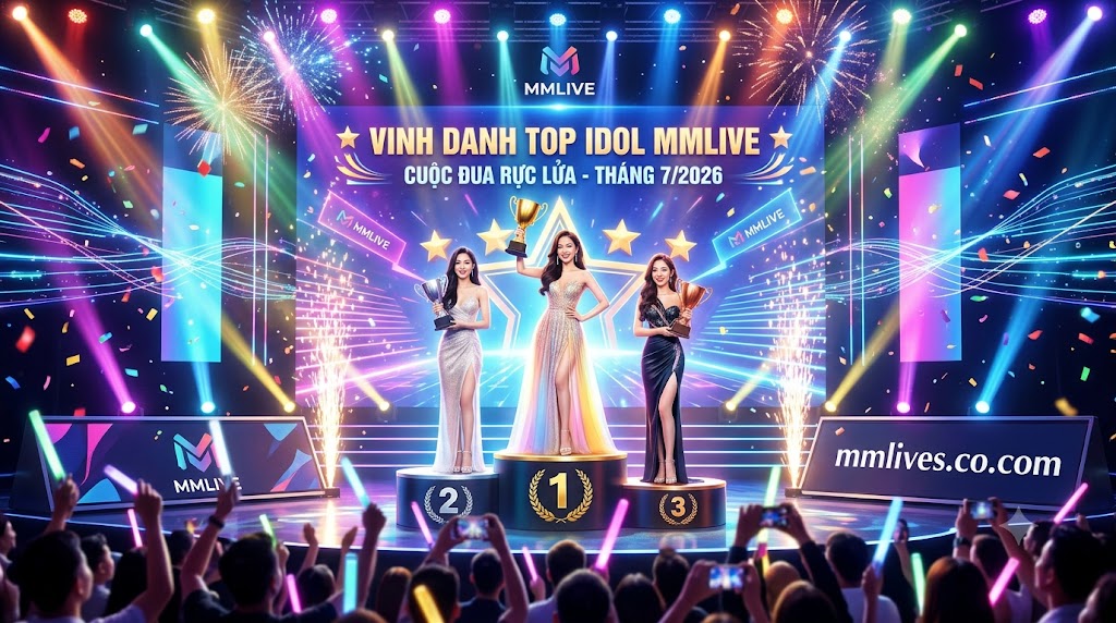 Vinh danh Top 3 Idol MMLive của cuộc đua Rực Lửa tháng 7/2026 trên sân khấu tràn ngập ánh sáng và pháo hoa.