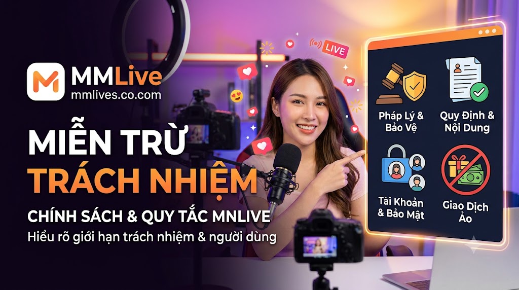 Hình ảnh một phụ nữ trẻ mỉm cười trong bối cảnh livestream, chỉ vào màn hình hiển thị bốn biểu tượng chính sách chính của nền tảng MM Live: Pháp Lý & Bảo Vệ, Quy Định & Nội Dung, Tài Khoản & Bảo Mật, và Giao Dịch Ảo. Văn bản lớn 'MIỄN TRỪ TRÁCH NHIỆM' và logo MM Live với tên miền giacomoalonzi.io hiển thị rõ ràng.