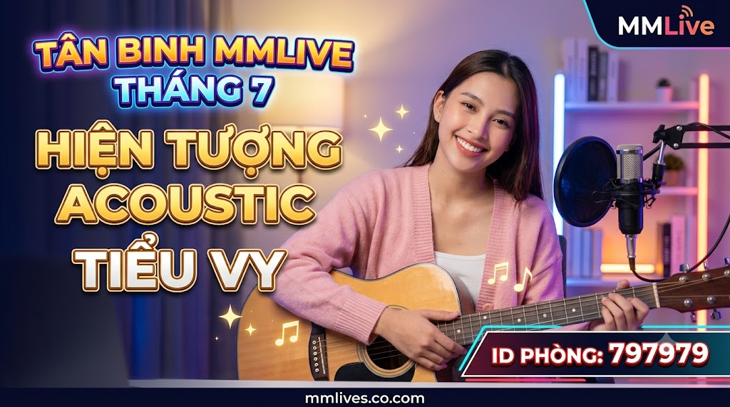 Ảnh thumbnail bài viết Tân Binh MMLive Tháng 7: Hiện Tượng Acoustic Tiểu Vy. Hình ảnh nữ streamer Tiểu Vy ôm đàn guitar tươi cười trong phòng livestream, kèm ID phòng 797979 và tên miền giacomoalonzi.io.