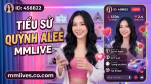 Hình ảnh giới thiệu tiểu sử Quỳnh Alee trên MMLive với ID 458822. Ảnh hiển thị Quỳnh Alee cười cầm điện thoại trong studio livestream đèn LED hồng tím. Văn bản lớn "TIỂU SỬ QUỲNH ALEE MMLIVE" và domain giacomoalonzi.io được hiển thị rõ, cùng giao diện livestream bên phải với 350k người xem và 2.4 triệu tim.