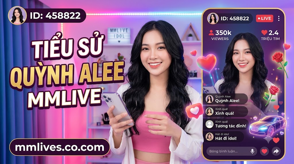 Hình ảnh giới thiệu tiểu sử Quỳnh Alee trên MMLive với ID 458822. Ảnh hiển thị Quỳnh Alee cười cầm điện thoại trong studio livestream đèn LED hồng tím. Văn bản lớn "TIỂU SỬ QUỲNH ALEE MMLIVE" và domain giacomoalonzi.io được hiển thị rõ, cùng giao diện livestream bên phải với 350k người xem và 2.4 triệu tim.