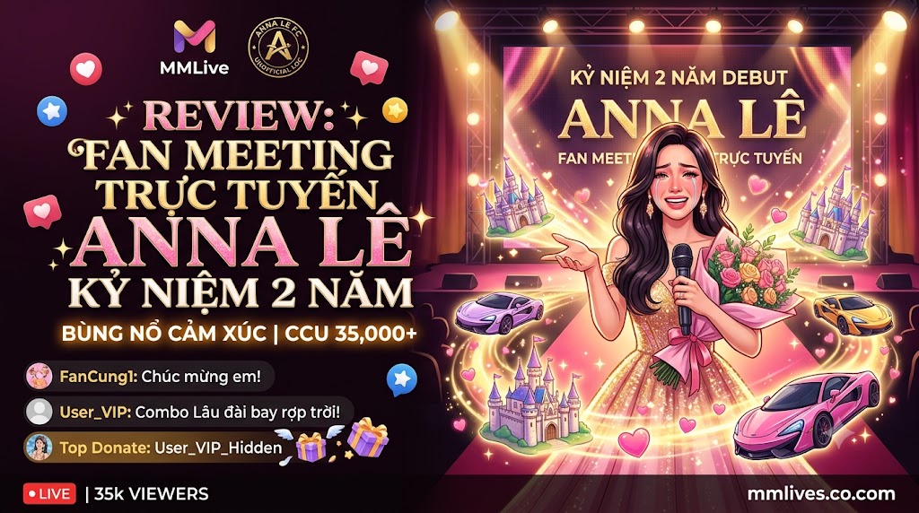 Review fan meeting trực tuyến MMLive kỷ niệm 2 năm debut của idol Anna Lê. Khoảnh khắc nữ streamer vỡ òa cảm xúc khi nhận cơn mưa quà tặng siêu xe và lâu đài từ user VIP.