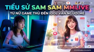 Nữ gamer MMLive Sam Sam chơi game trong phòng có đèn LED dải, bao gồm lớp phủ giao diện hồ sơ trang web và watermark 'giacomoalonzi.io'.