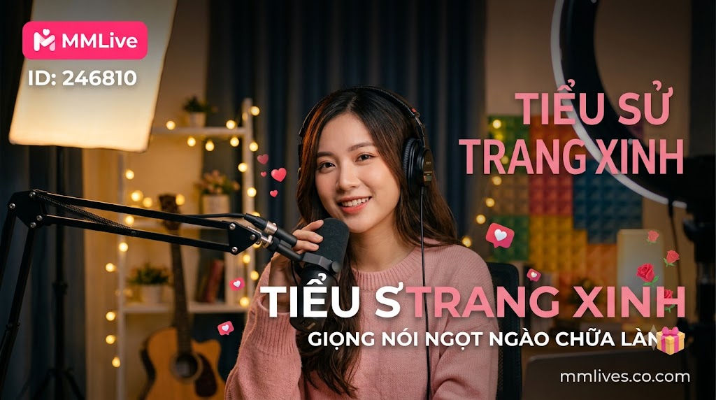 Ảnh đại diện tiểu sử idol Trang Xinh trên ứng dụng MMLive ID 246810. Nữ streamer đang mỉm cười ấm áp, đeo tai nghe và trò chuyện qua micro trong không gian phòng live thư giãn. Trên ảnh có các dòng chữ nổi bật: Tiểu sử Trang Xinh, Giọng nói ngọt ngào chữa lành cùng tên miền giacomoalonzi.io.